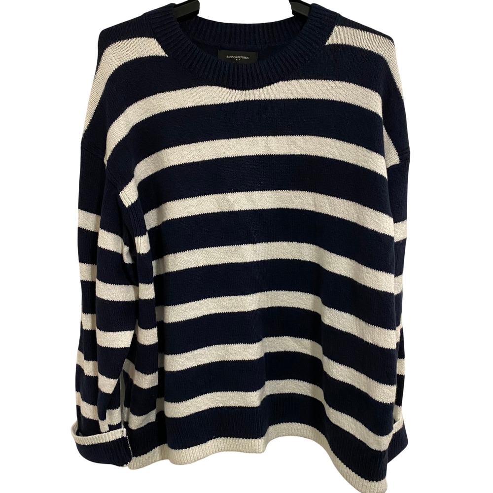 Banana Republic Striped Sweater Women XXL Navy Blue White Coastal Preppy Knit - Picture 2 of 8